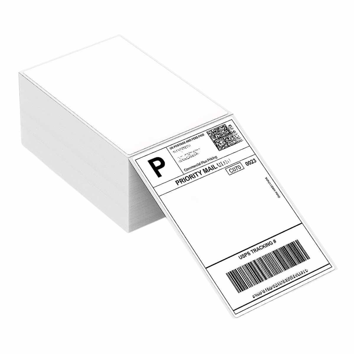 Two stacks of 4" x 6" fan-fold white direct thermal transfer labels, each with a compact and efficient arrangement, packaged in a single case.