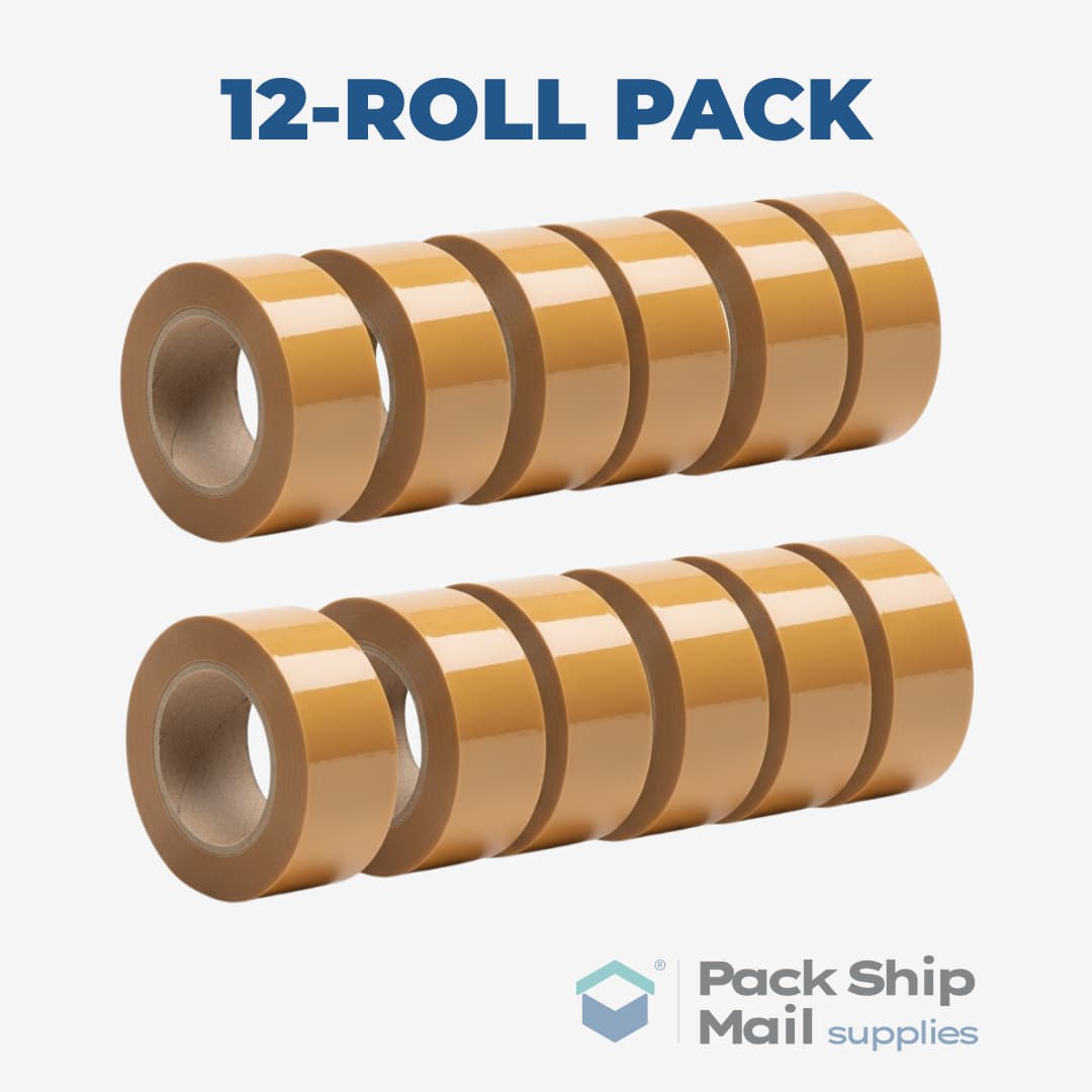 A neatly stacked pack of 12 rolls of tan heavy-duty carton sealing tape.