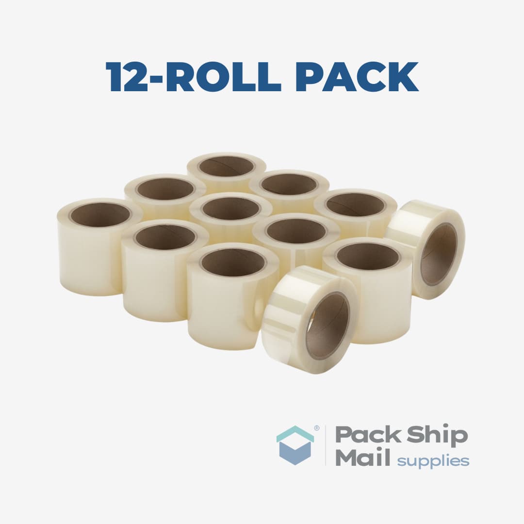 A neatly stacked pack of 12 rolls of clear heavy-duty carton sealing tape.