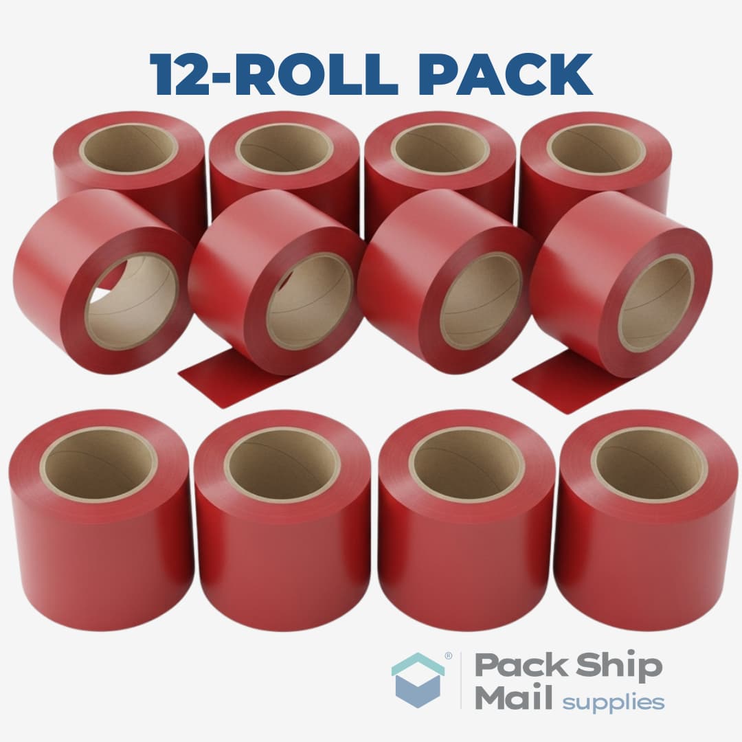 A neatly stacked pack of 12 rolls of red heavy-duty carton sealing tape.