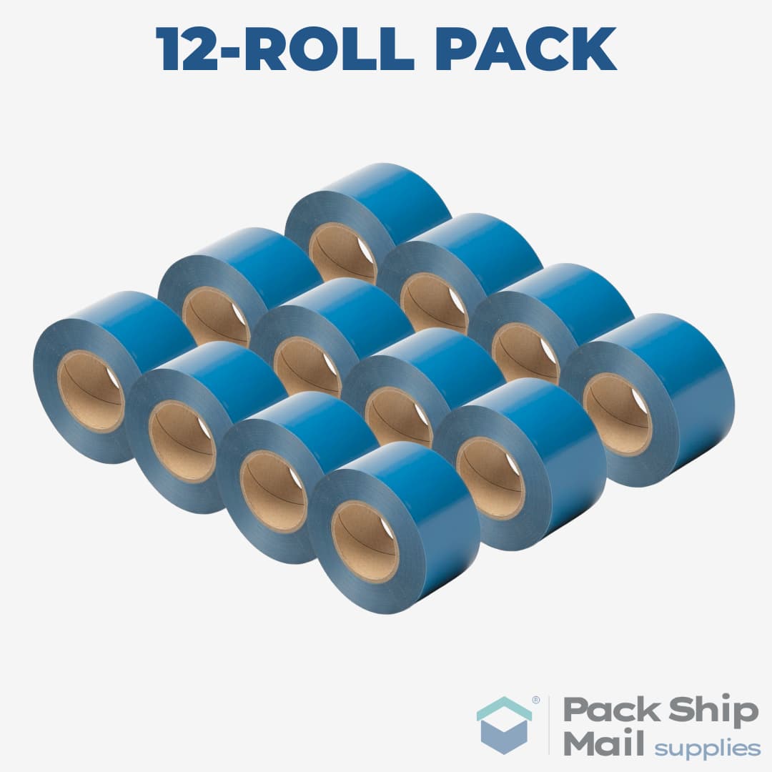 A neatly stacked pack of 12 rolls of blue heavy-duty carton sealing tape.