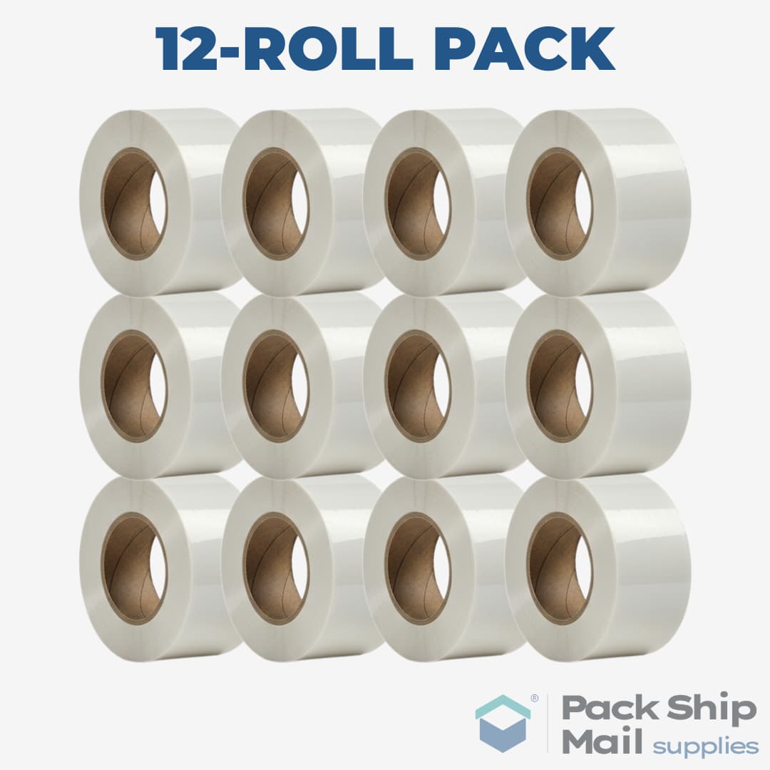 A neatly stacked pack of 12 rolls of white heavy-duty carton sealing tape.