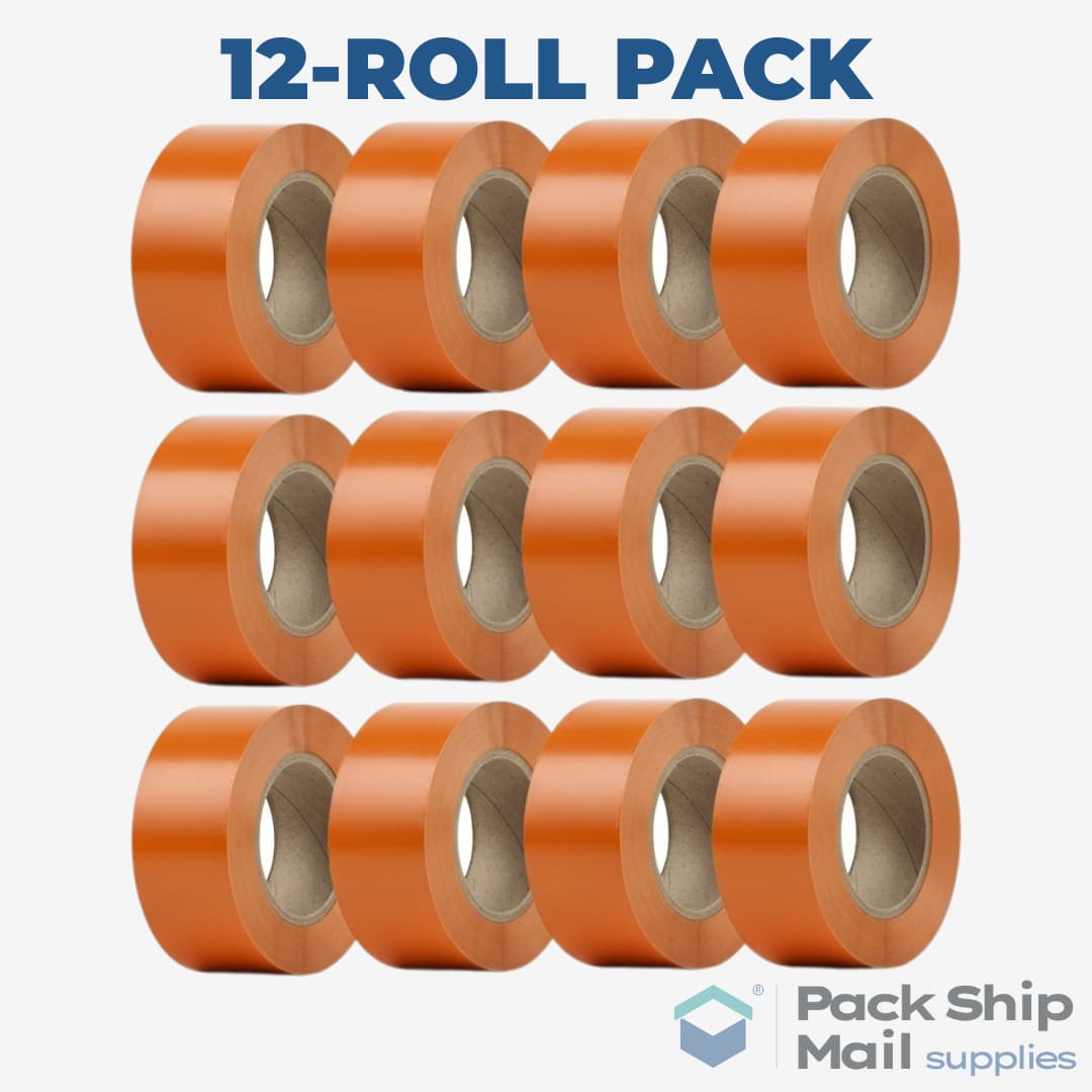 A neatly stacked pack of 12 rolls of orange heavy-duty carton sealing tape.