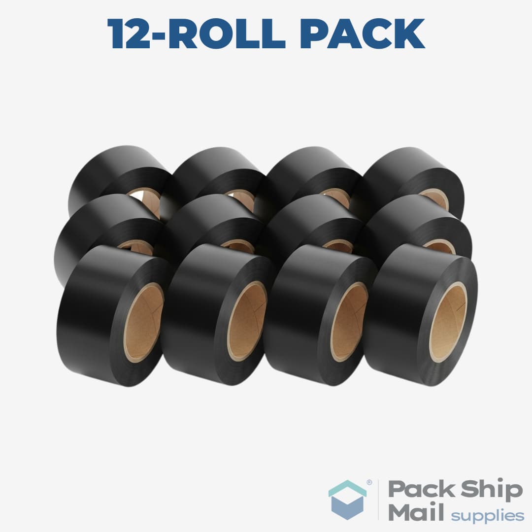 A neatly stacked pack of 12 rolls of black heavy-duty carton sealing tape.
