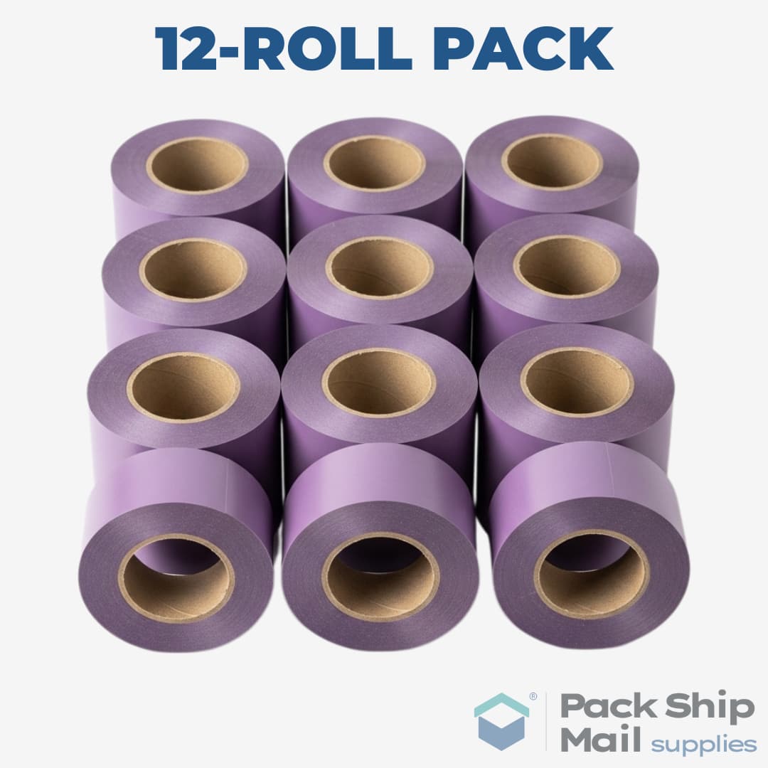 A neatly stacked pack of 12 rolls of purple heavy-duty carton sealing tape.