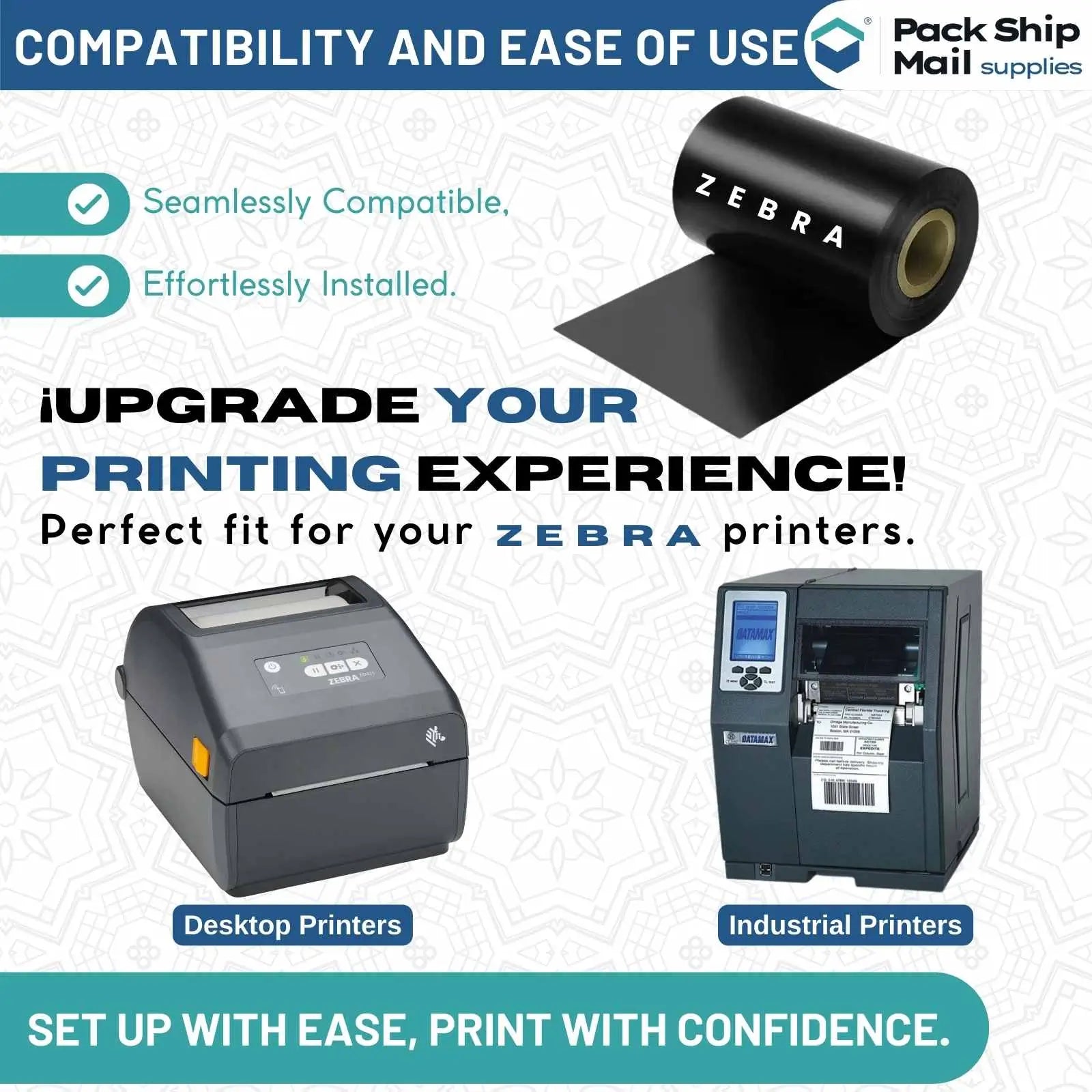 Image of a single roll of 4.33-inch by 1476-foot Black Zebra Compatible Thermal Transfer Ribbon, packaged in a case. Ideal for thermal printing applications.