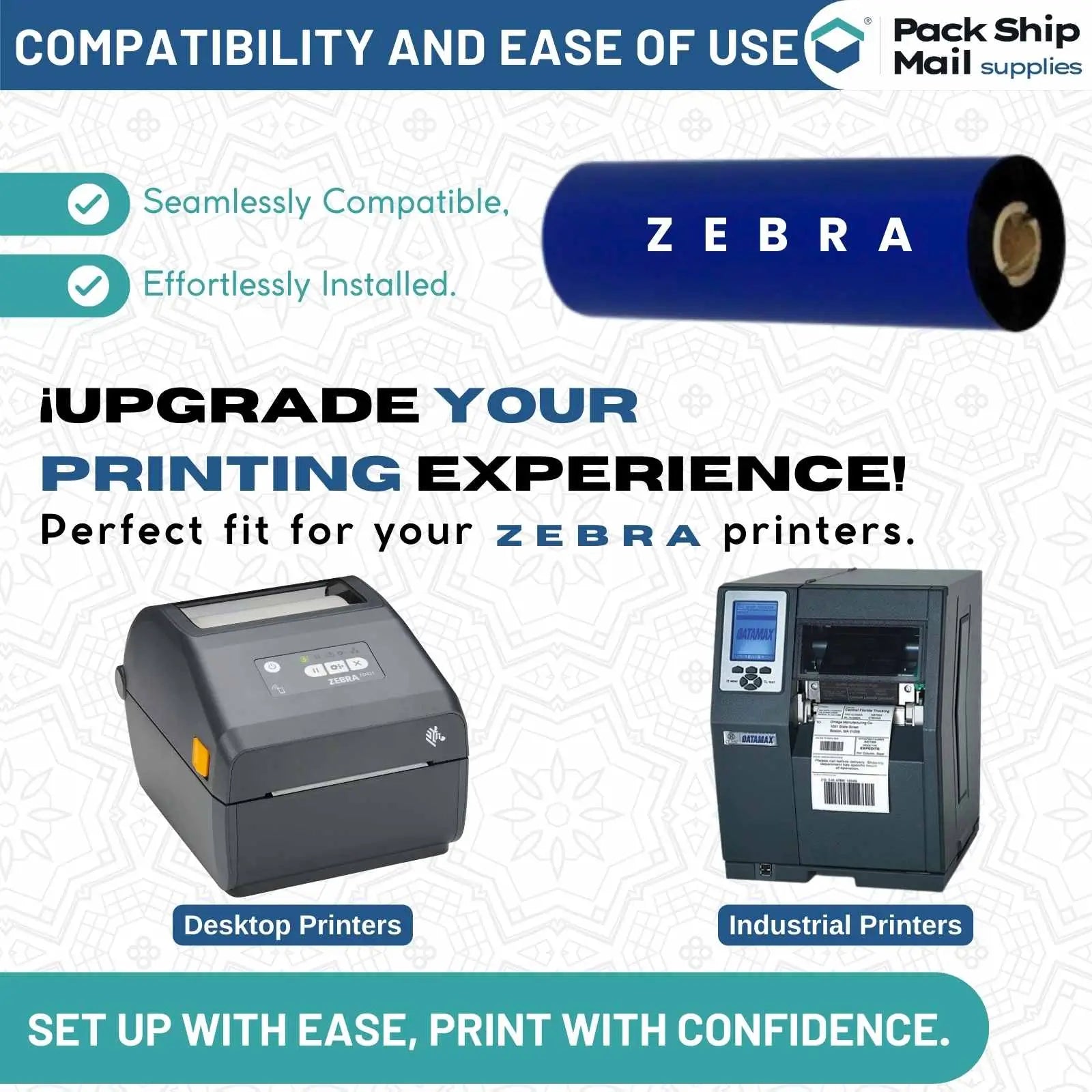 One hundred rolls of 4.33" x 244' black Zebra-compatible thermal transfer ribbon, displayed to emphasize the large quantity per case, showcasing the product's readiness for high-volume printing projects.