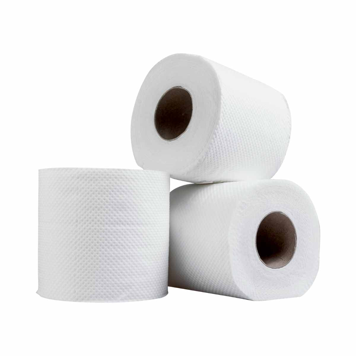 Bathroom tissue roll case with 96 rolls of standard-size toilet paper.
