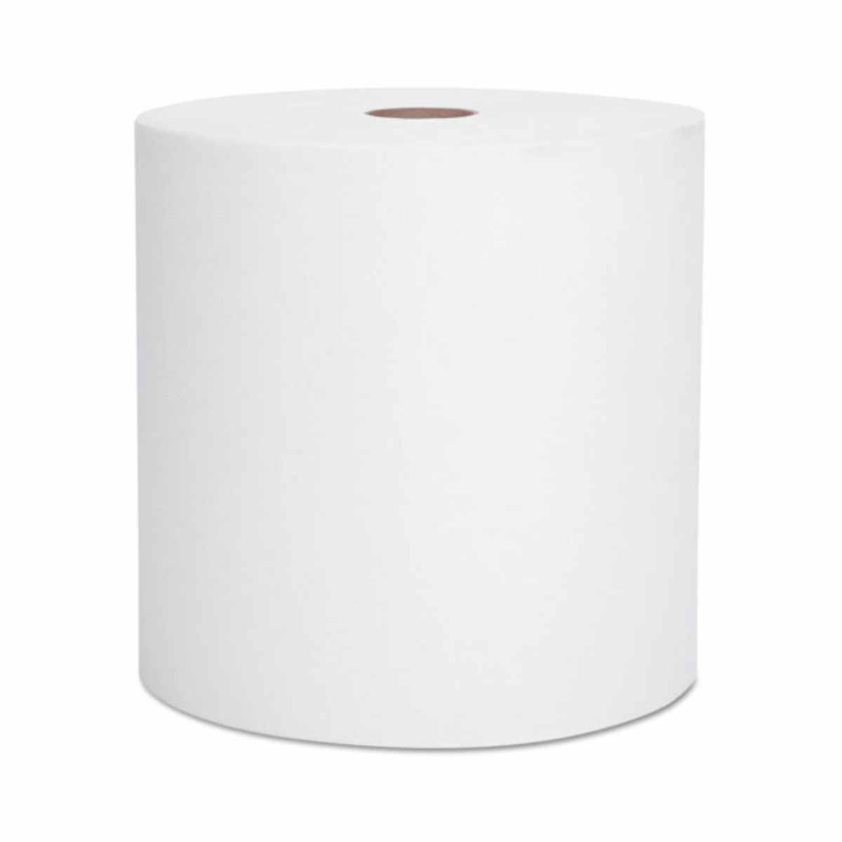 Six rolls of white hardwound paper towel, packaged together in a case.