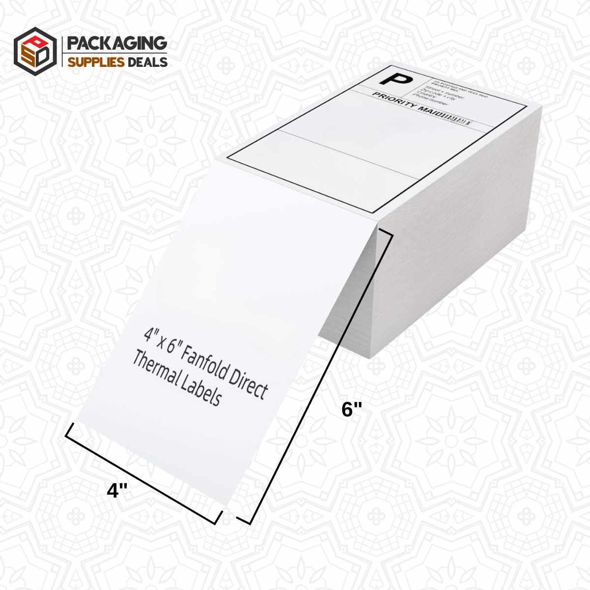 Two stacks of 4" x 6" fan-fold white direct thermal transfer labels, each with a compact and efficient arrangement, packaged in a single case.