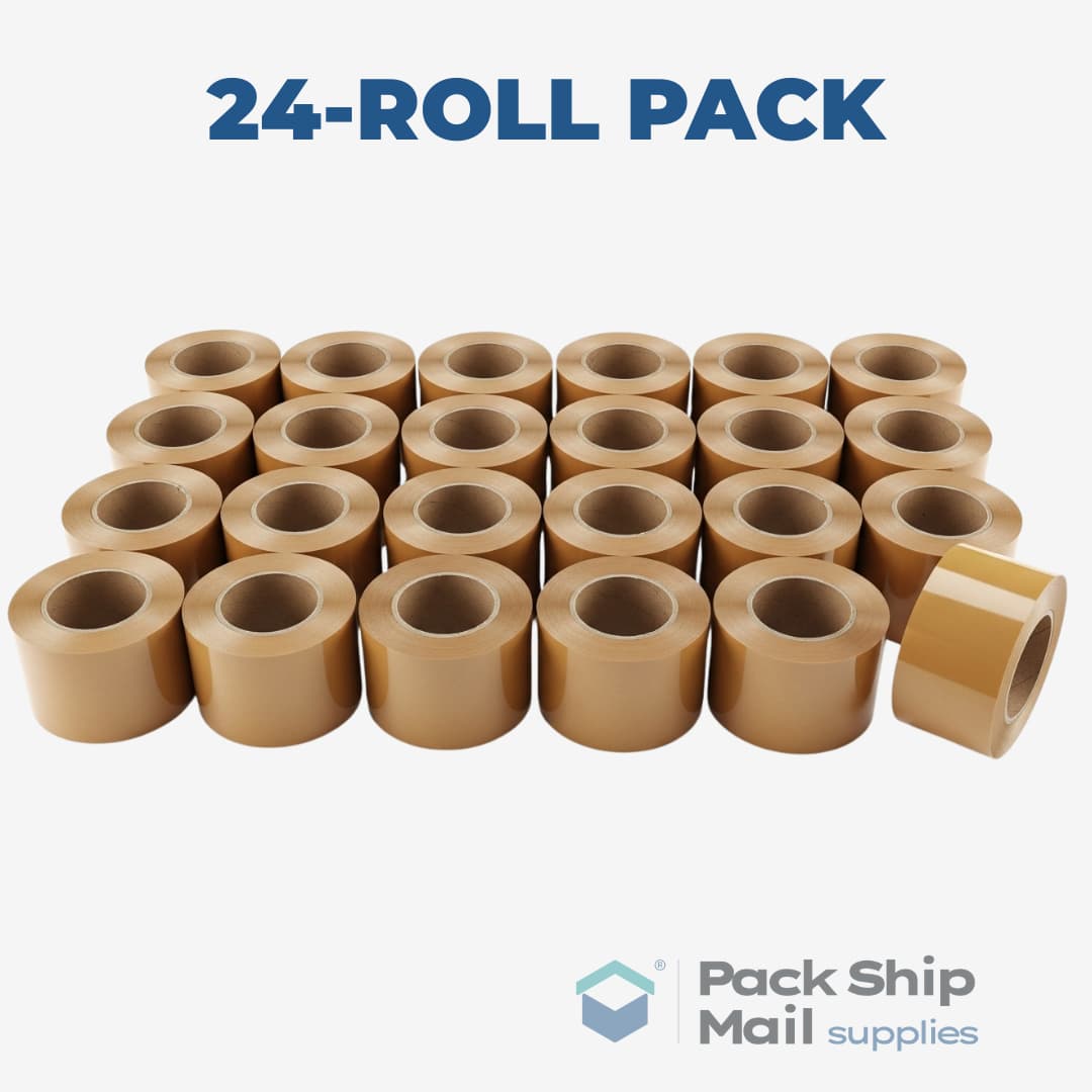 A full case containing 24 individual rolls of tan carton sealing tape.