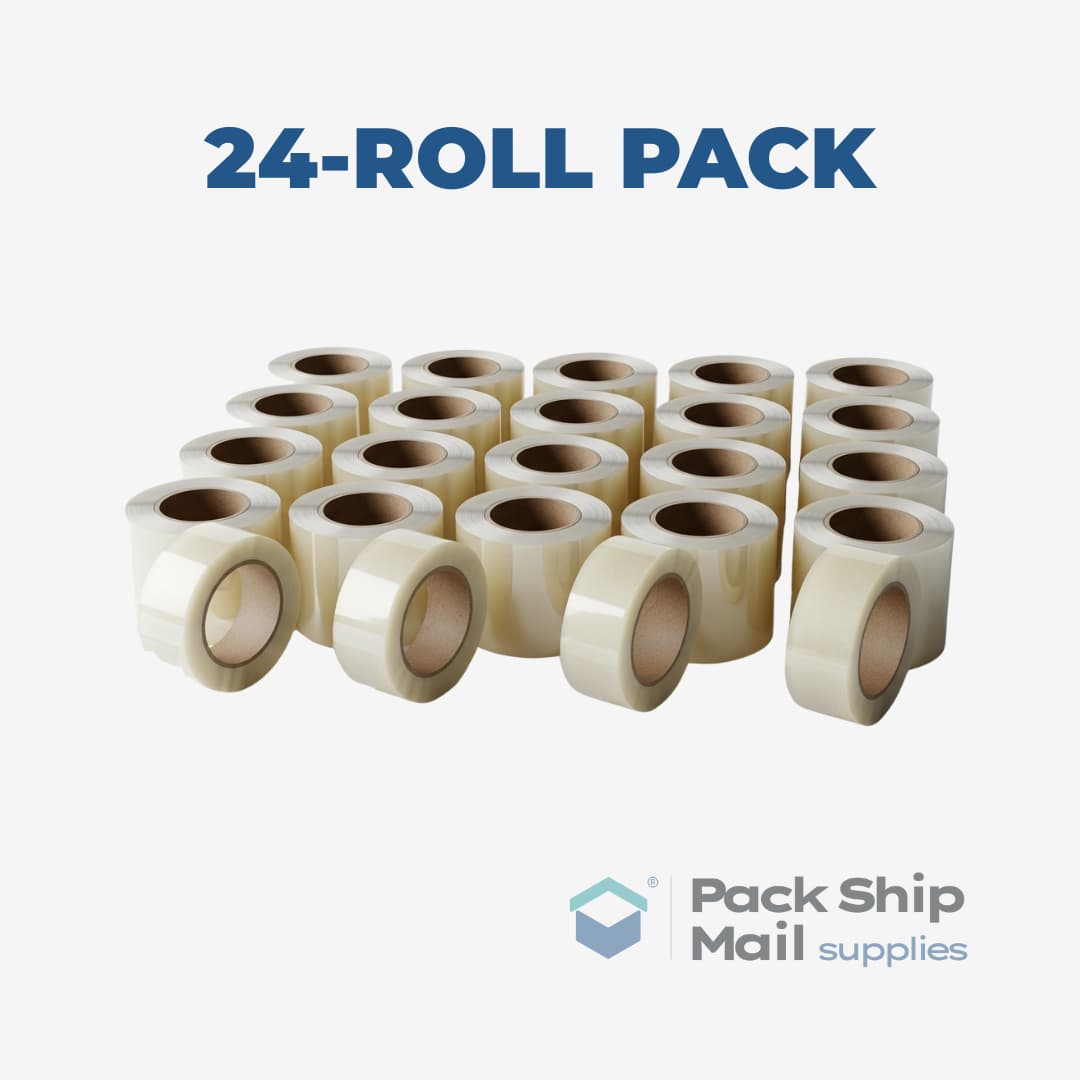 A full case containing 24 individual rolls of clear carton sealing tape.