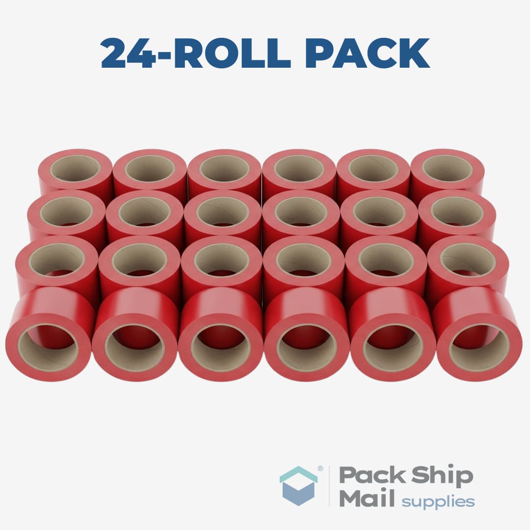 A full case containing 24 individual rolls of red carton sealing tape.
