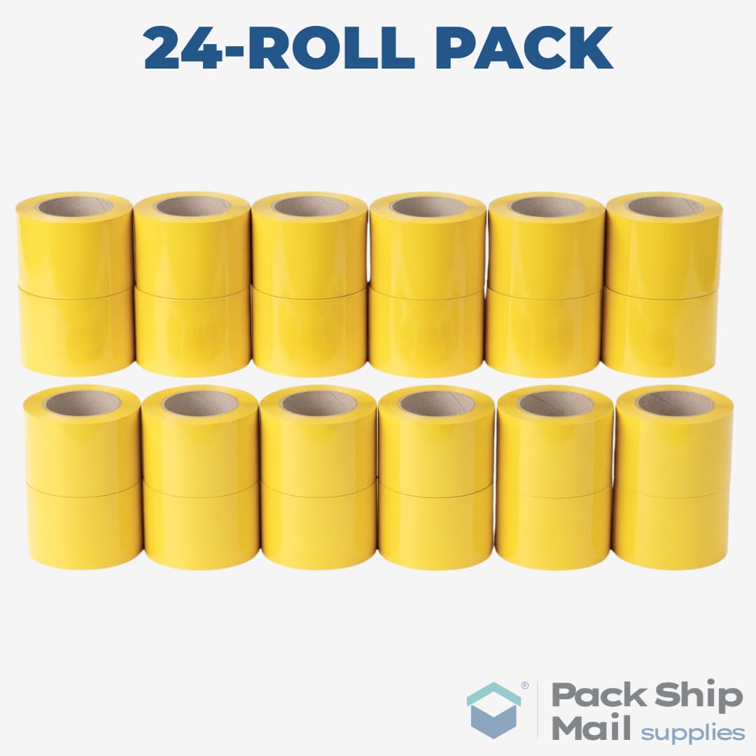 A full case containing 24 individual rolls of yellow carton sealing tape.