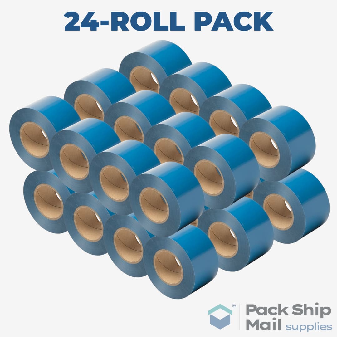 A full case containing 24 individual rolls of blue carton sealing tape.