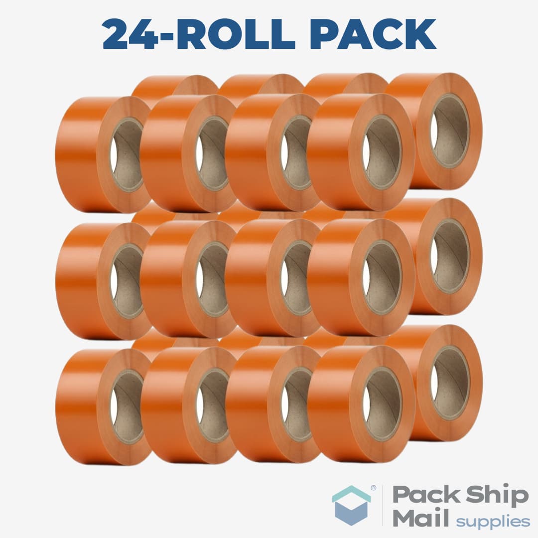 A full case containing 24 individual rolls of orange carton sealing tape.