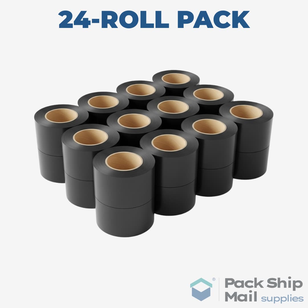 A full case containing 24 individual rolls of black carton sealing tape.