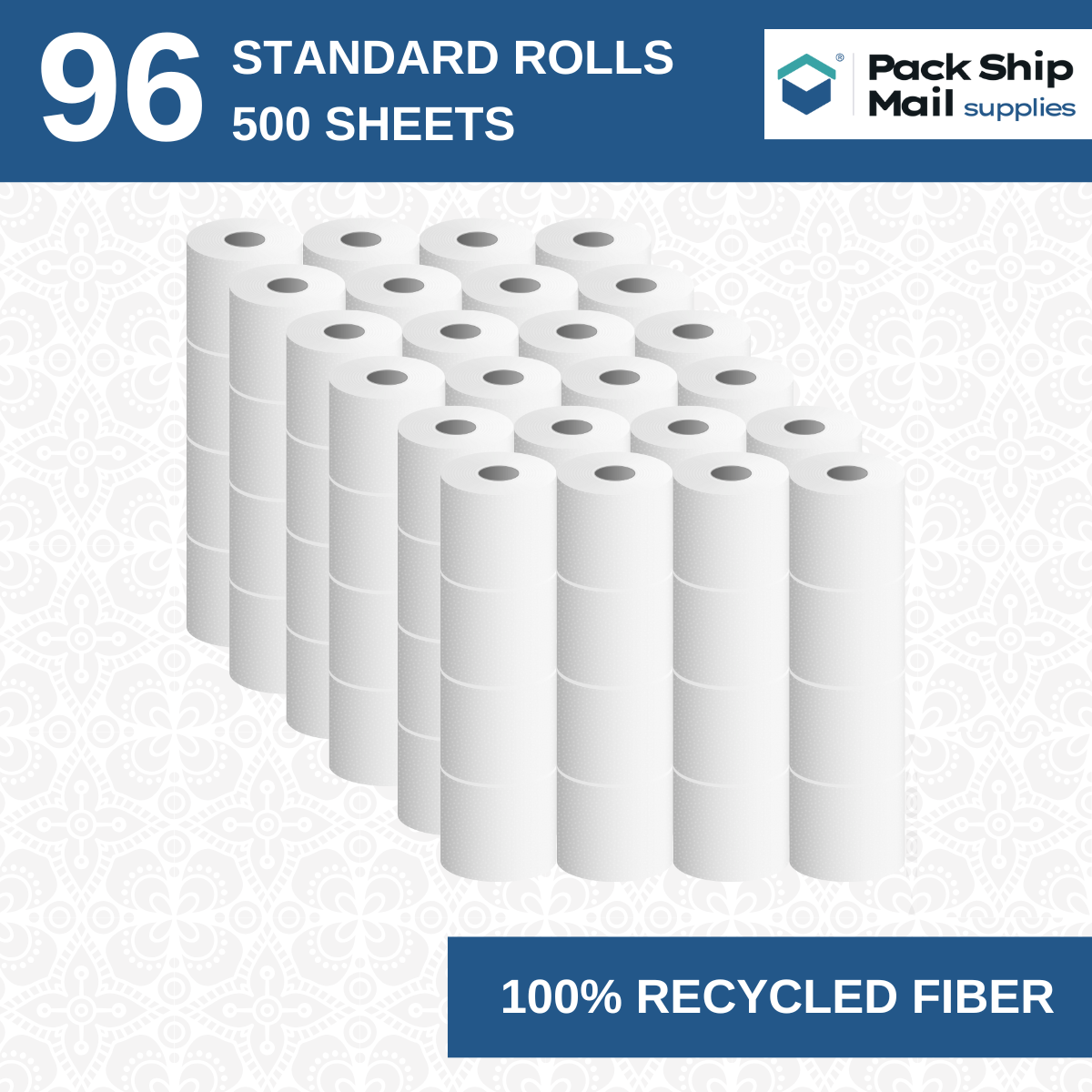 Premium Bathroom tissue roll case with 96 rolls of standard-size toilet paper.