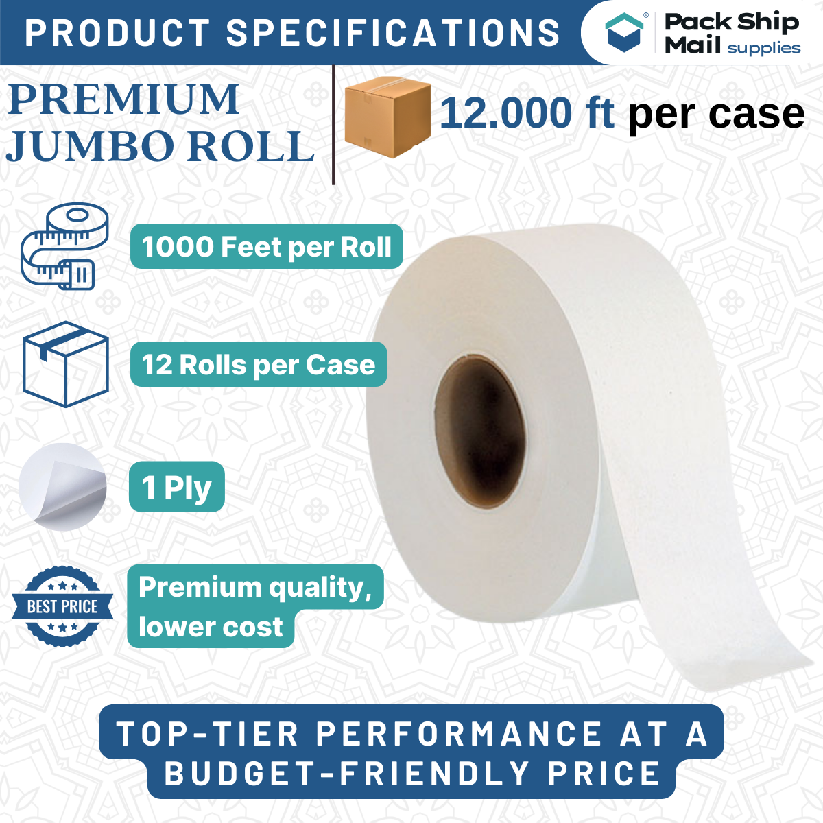 Pack of 12 jumbo rolls of bathroom tissue, each roll measuring 1000 feet, ideal for high-traffic restrooms