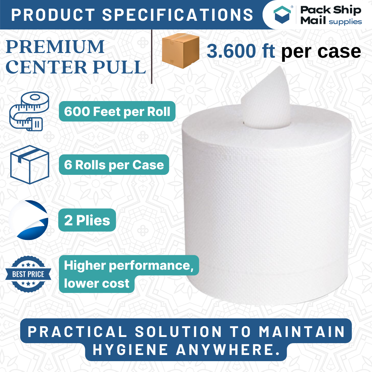 Six-roll case of premium center pull paper towel rolls.