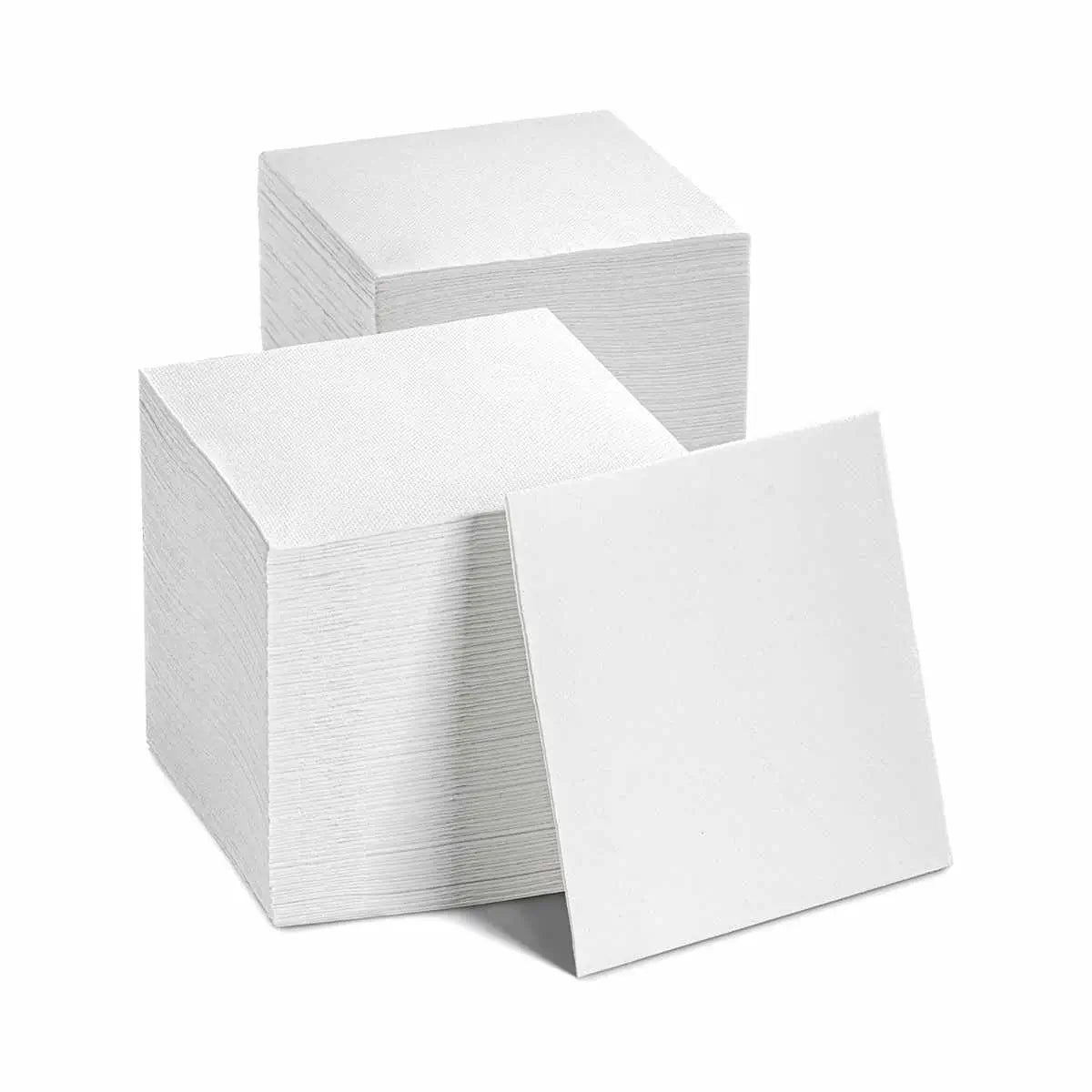 White dinner napkins, packaged in a case of 20 packs.