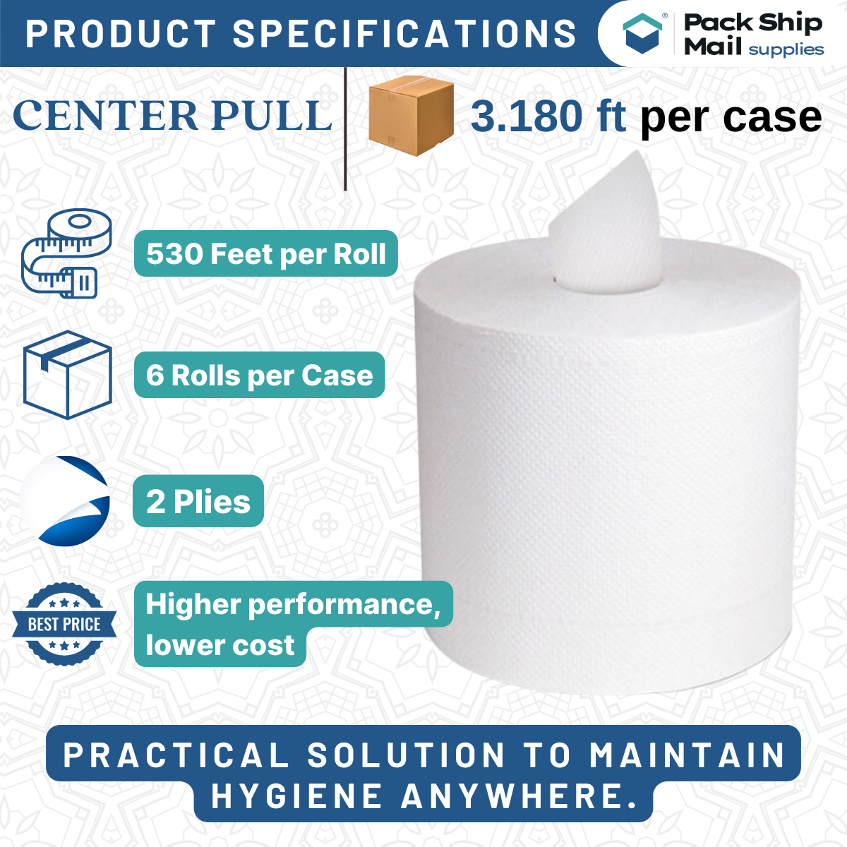 Six-roll case of center pull paper towel rolls.
