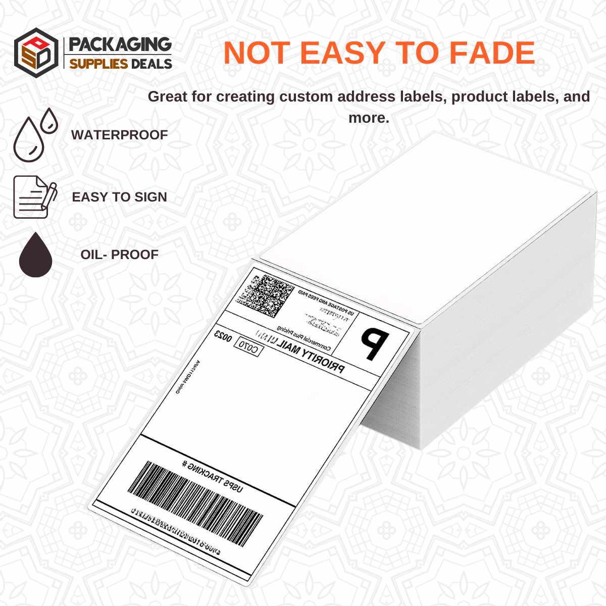 Two stacks of 4" x 6" fan-fold white direct thermal transfer labels, each with a compact and efficient arrangement, packaged in a single case.