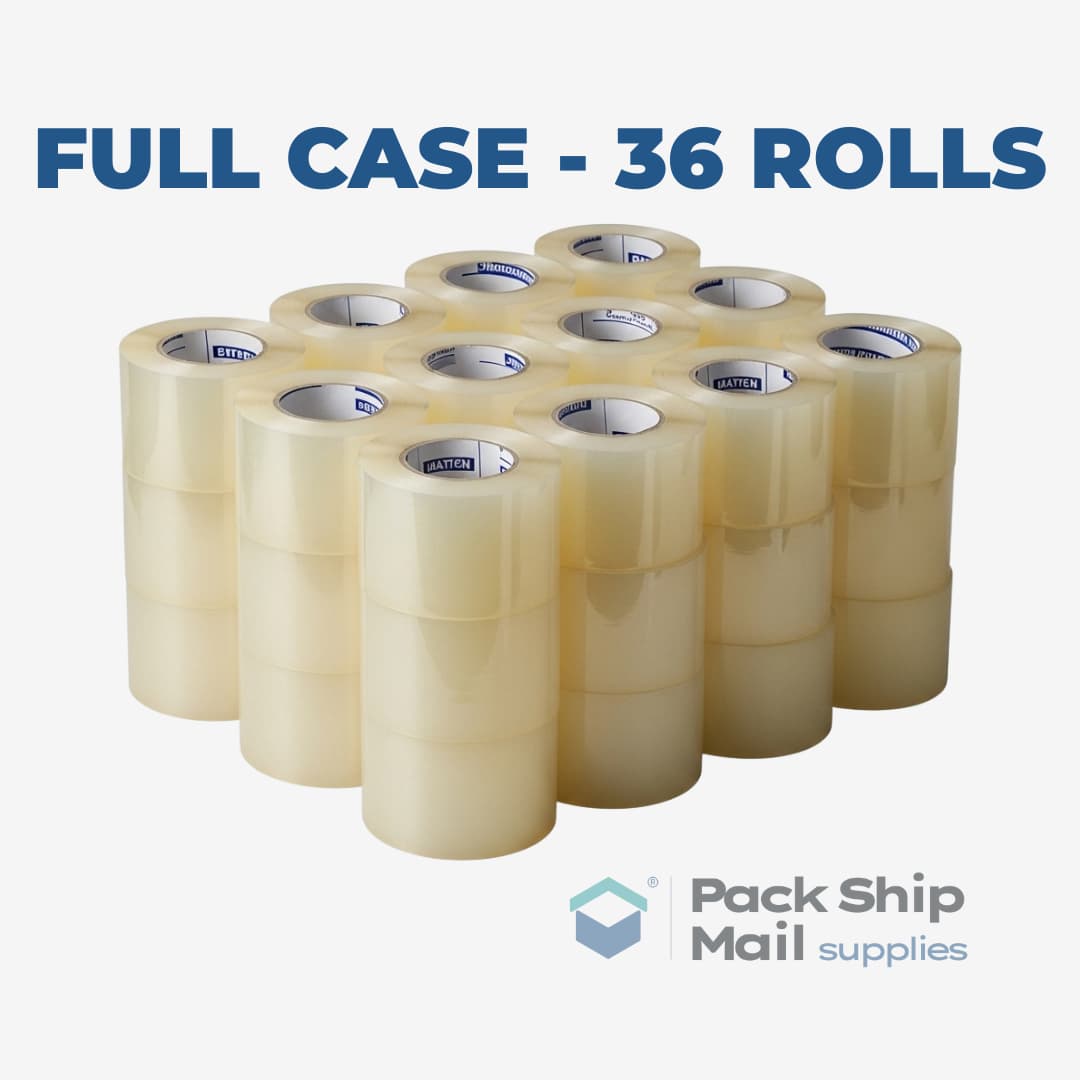 A full case containing 36 individual rolls of clear carton sealing tape.