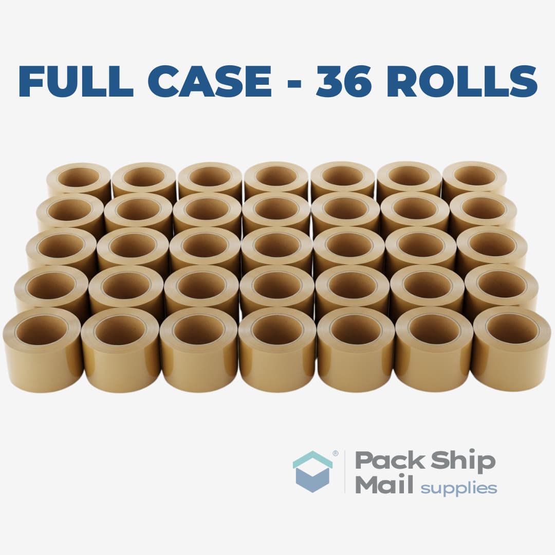 A full case containing 36 individual rolls of tan carton sealing tape.