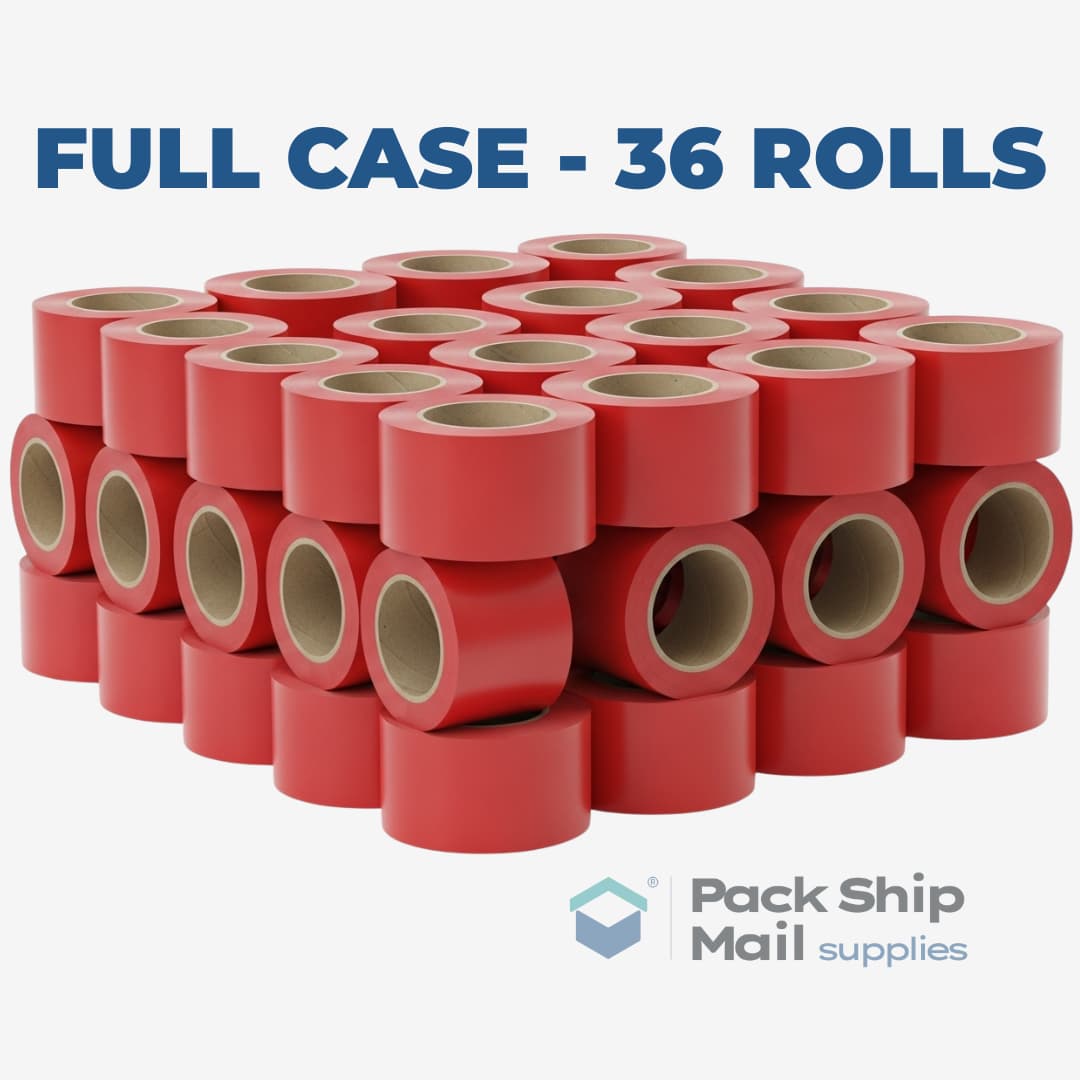A full case containing 36 individual rolls of red carton sealing tape.