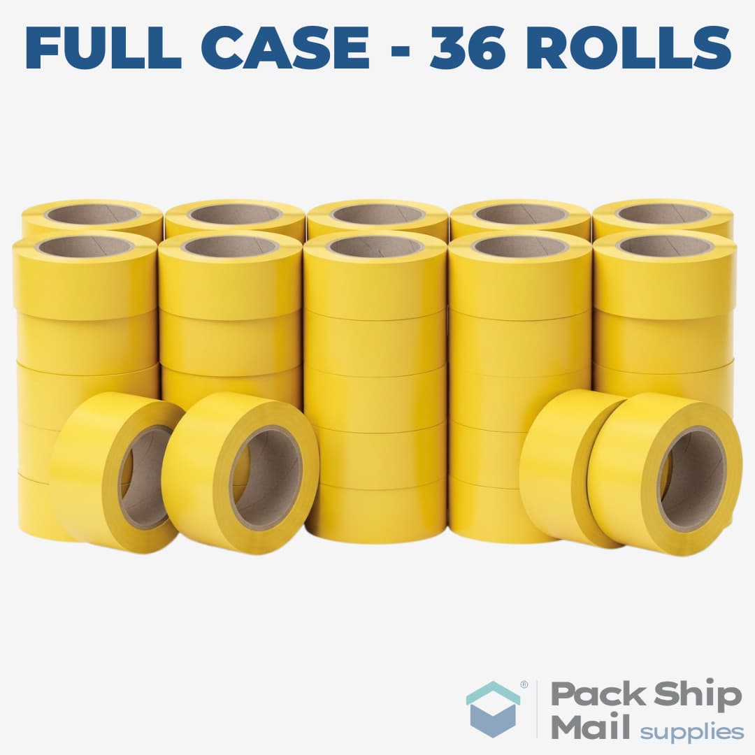A full case containing 36 individual rolls of yellow carton sealing tape.