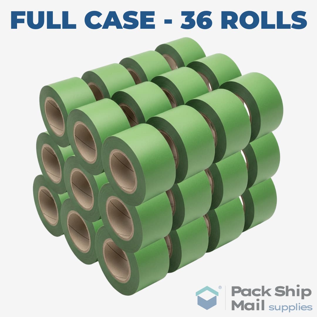 A full case containing 36 individual rolls of green carton sealing tape.