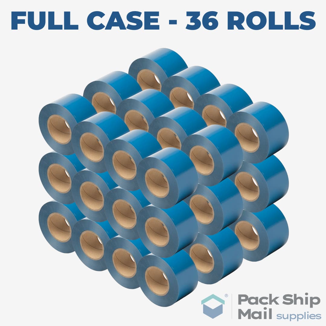 A full case containing 36 individual rolls of blue carton sealing tape.