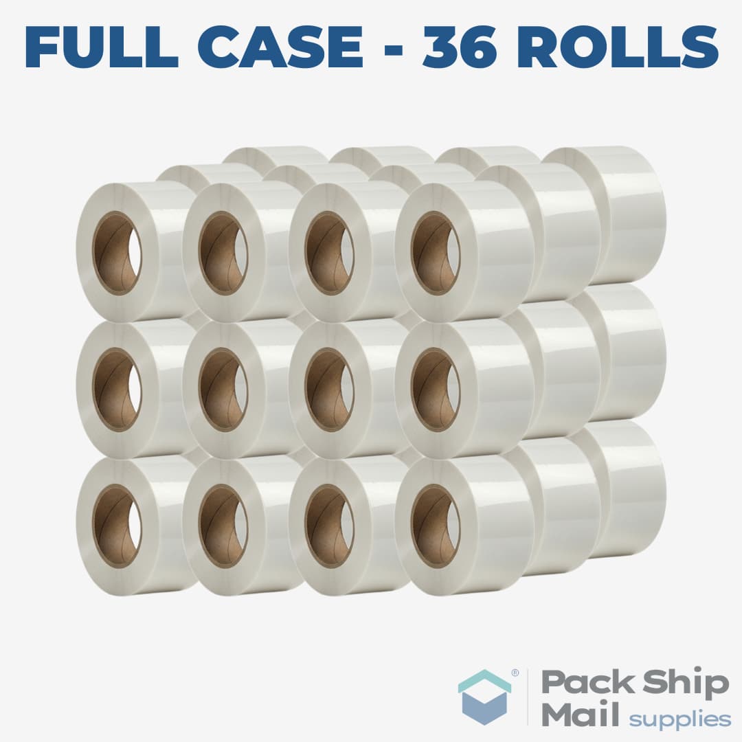 A full case containing 36 individual rolls of white carton sealing tape.