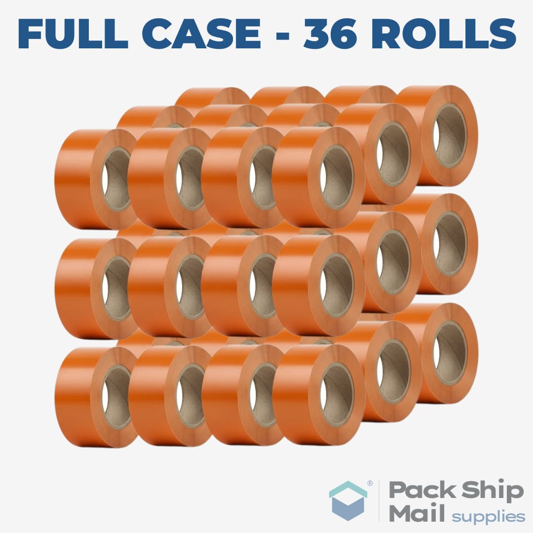 A full case containing 36 individual rolls of orange carton sealing tape.
