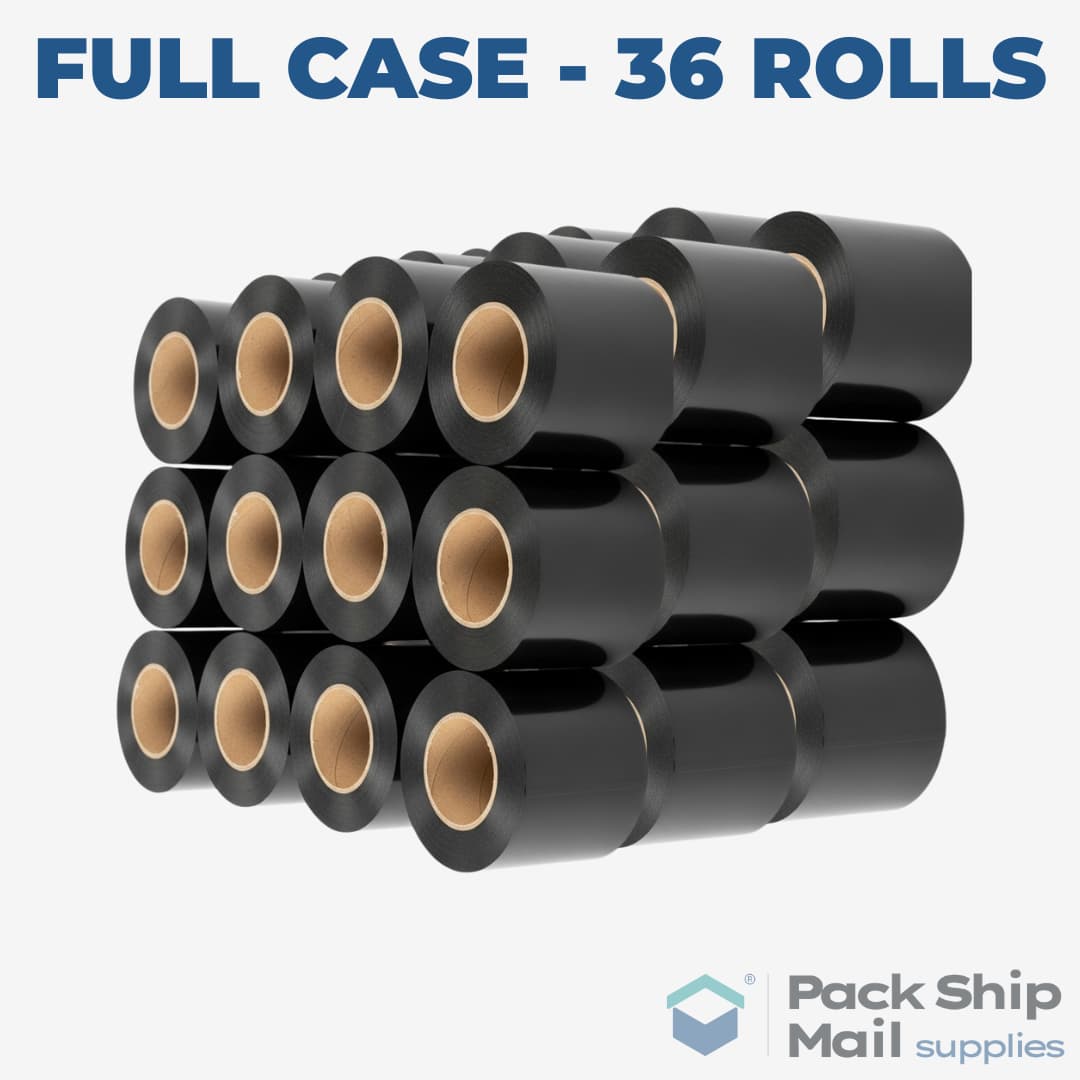 A full case containing 36 individual rolls of black carton sealing tape.