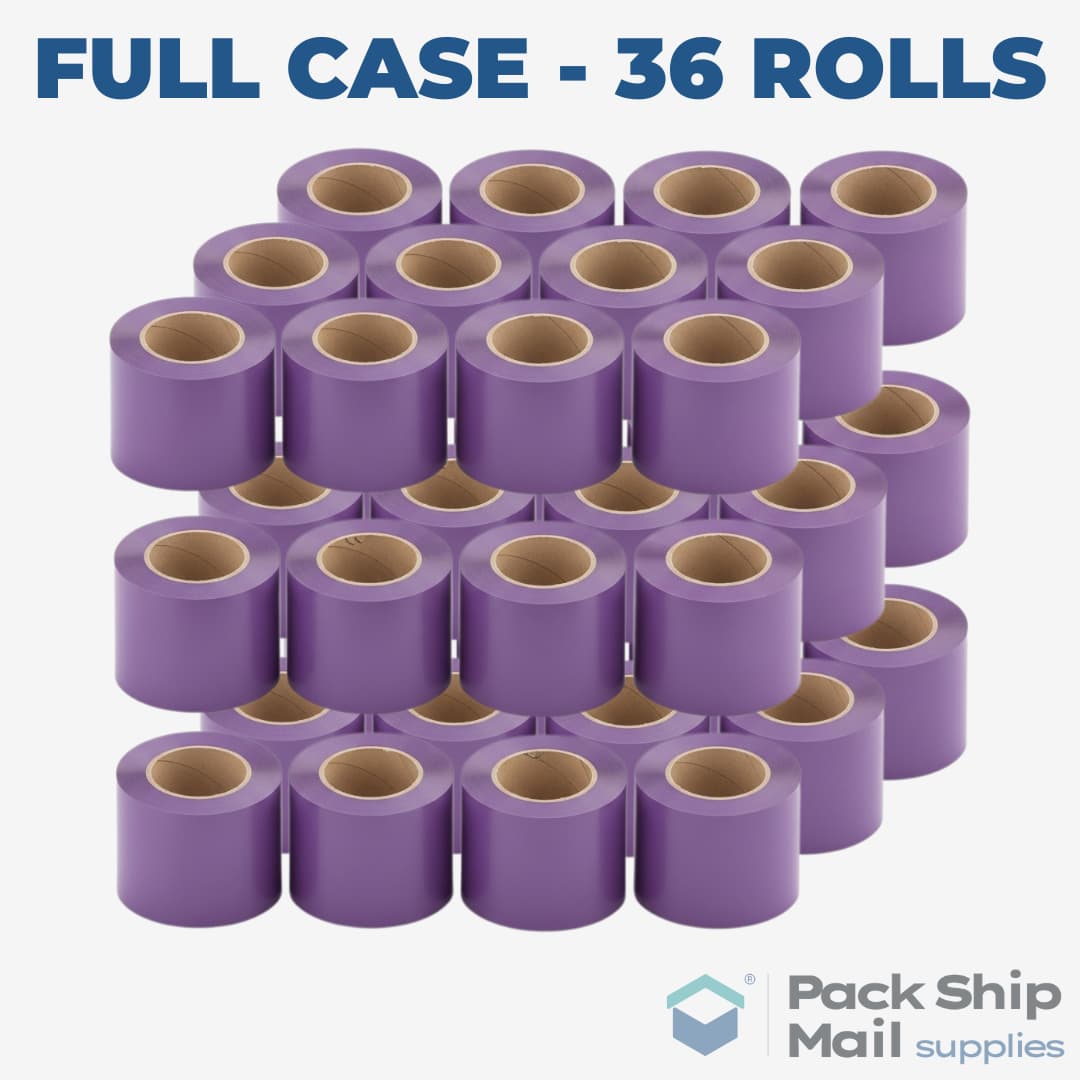 A full case containing 36 individual rolls of purple carton sealing tape.