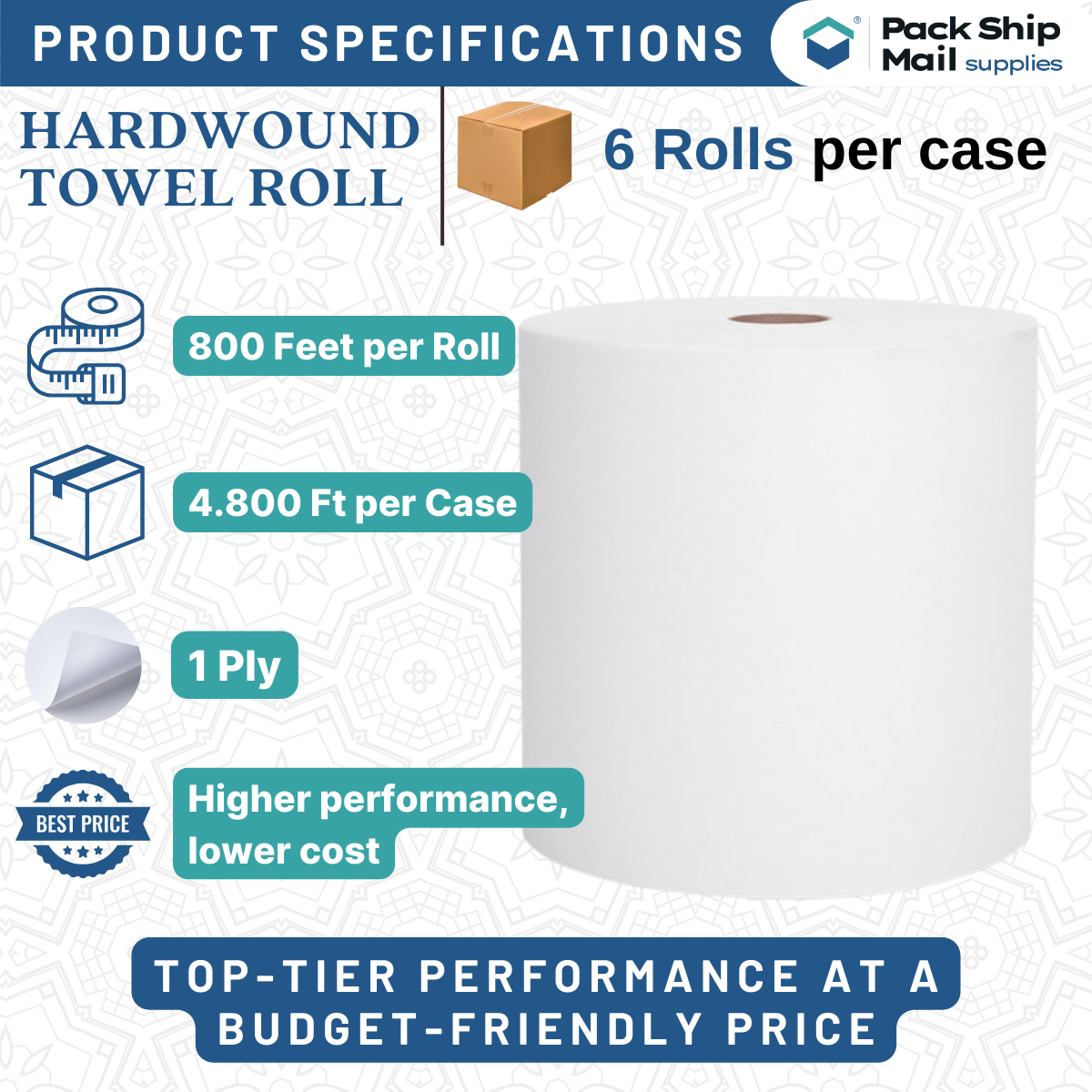 Six rolls of white hardwound paper towel, packaged together in a case.