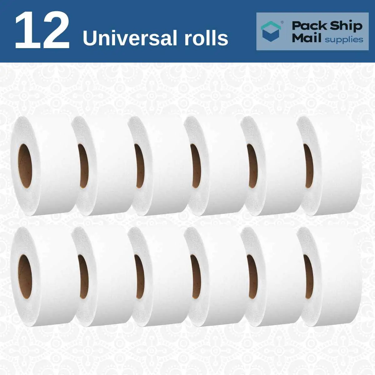 Pack of 12 bathroom tissue mini jumbo rolls neatly packaged in a case.