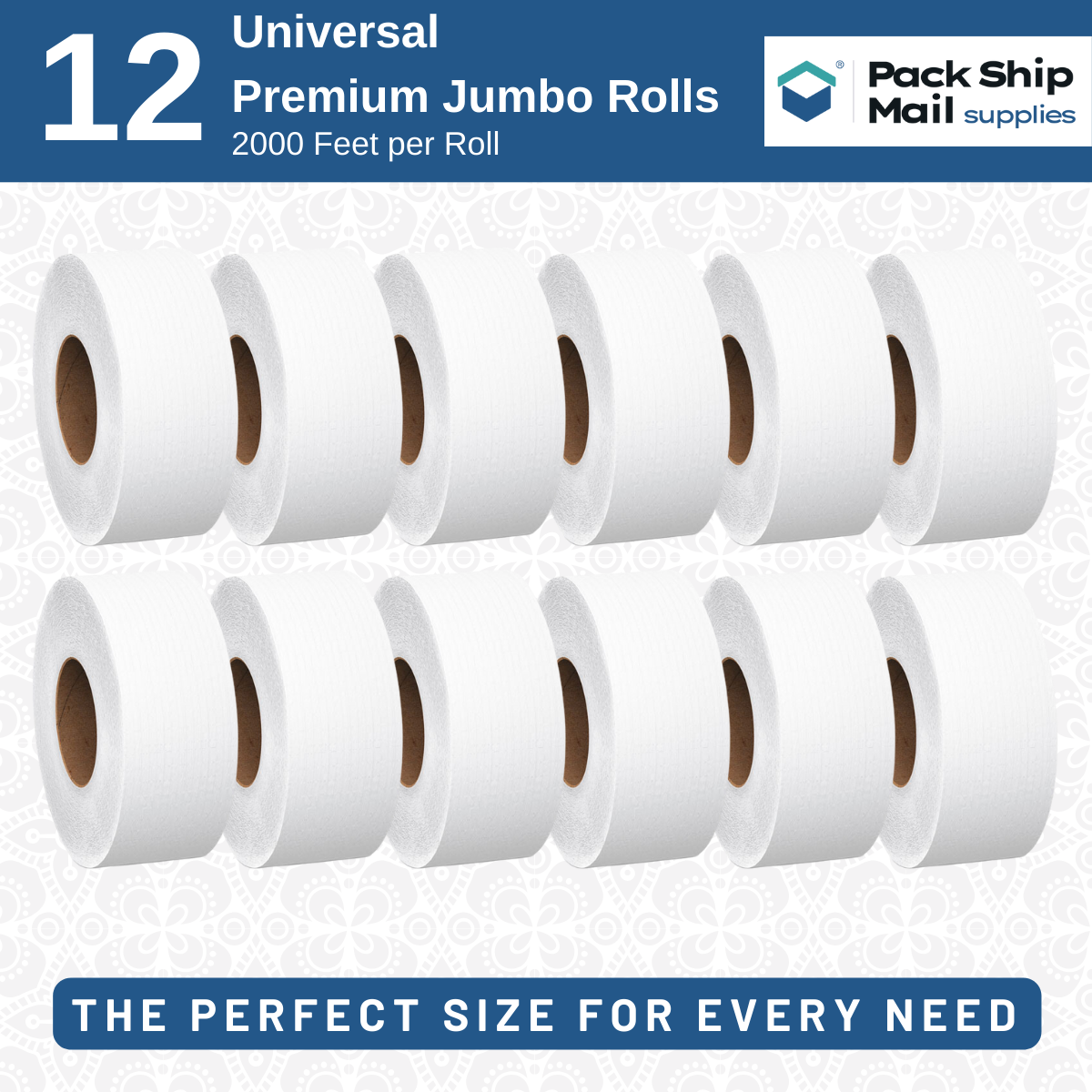 Pack of 12 jumbo rolls of bathroom tissue, each roll measuring 2000 feet, ideal for high-traffic restrooms
