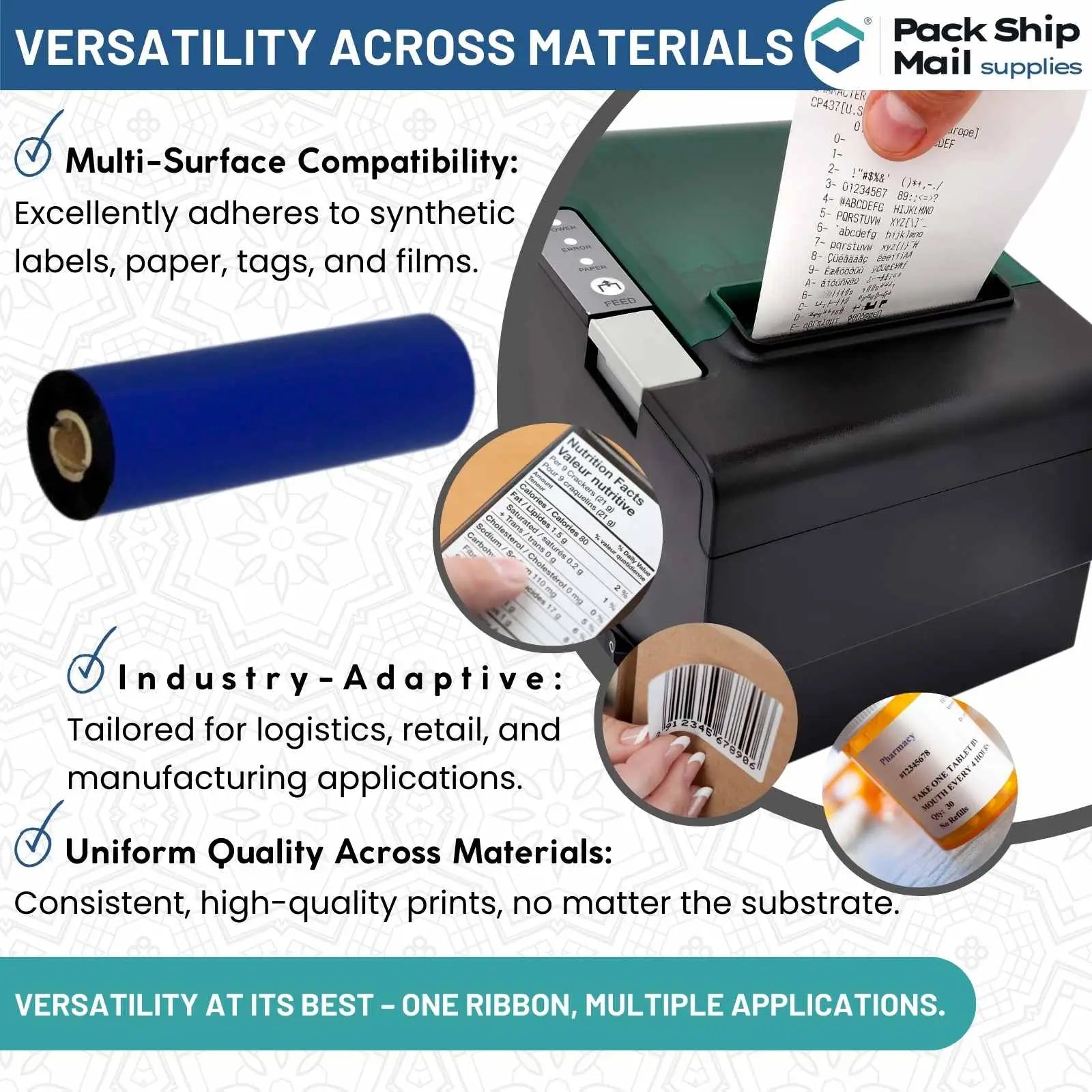 One roll of 4.33" x 244' black thermal transfer ribbon compatible with Zebra printers, displayed to focus on the product's specific dimensions and Zebra printer compatibility, ideal for small-scale printing needs.