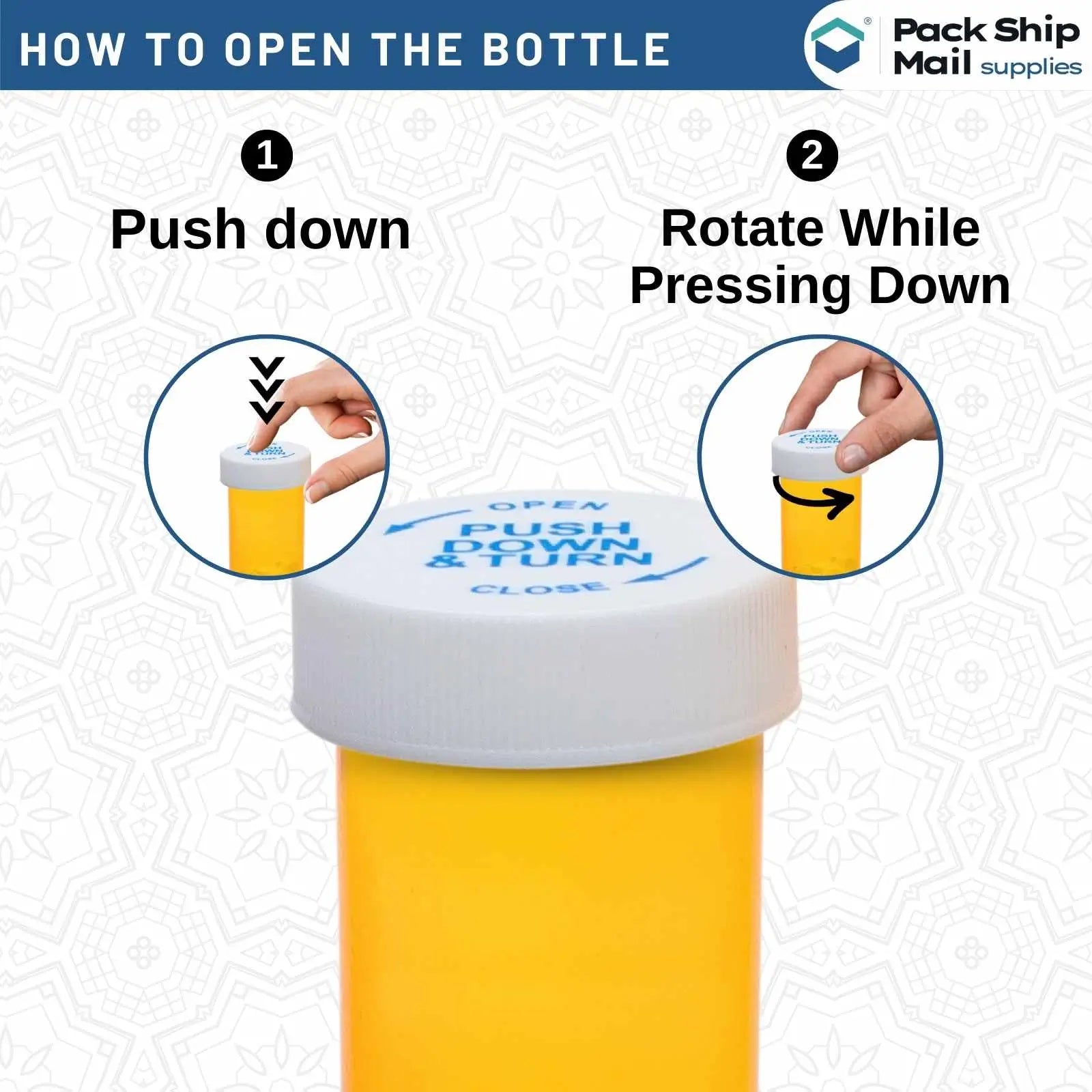 A case of 50, 20 Dram Amber Vials, showcasing their secure child-resistant caps and the protective amber color for safeguarding medications, ideal for pharmacy stock.