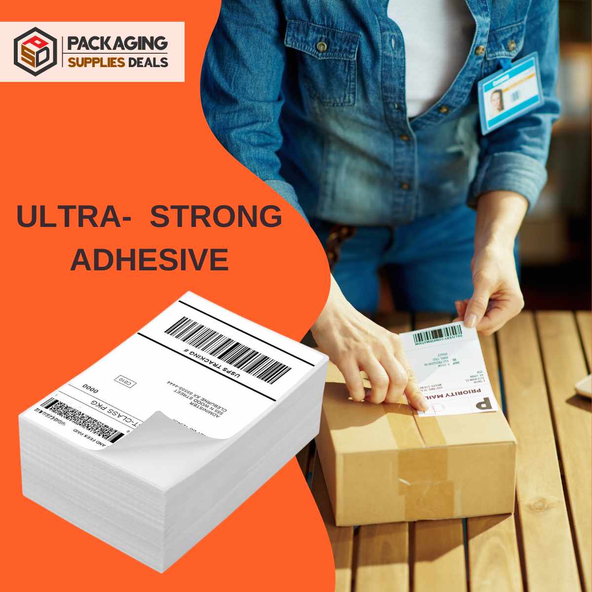 Two stacks of 4" x 6" fan-fold white direct thermal transfer labels, each with a compact and efficient arrangement, packaged in a single case.