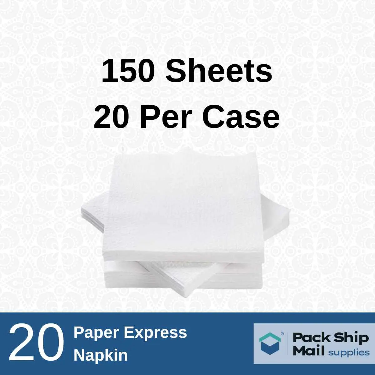 White dinner napkins, packaged in a case of 20 packs.