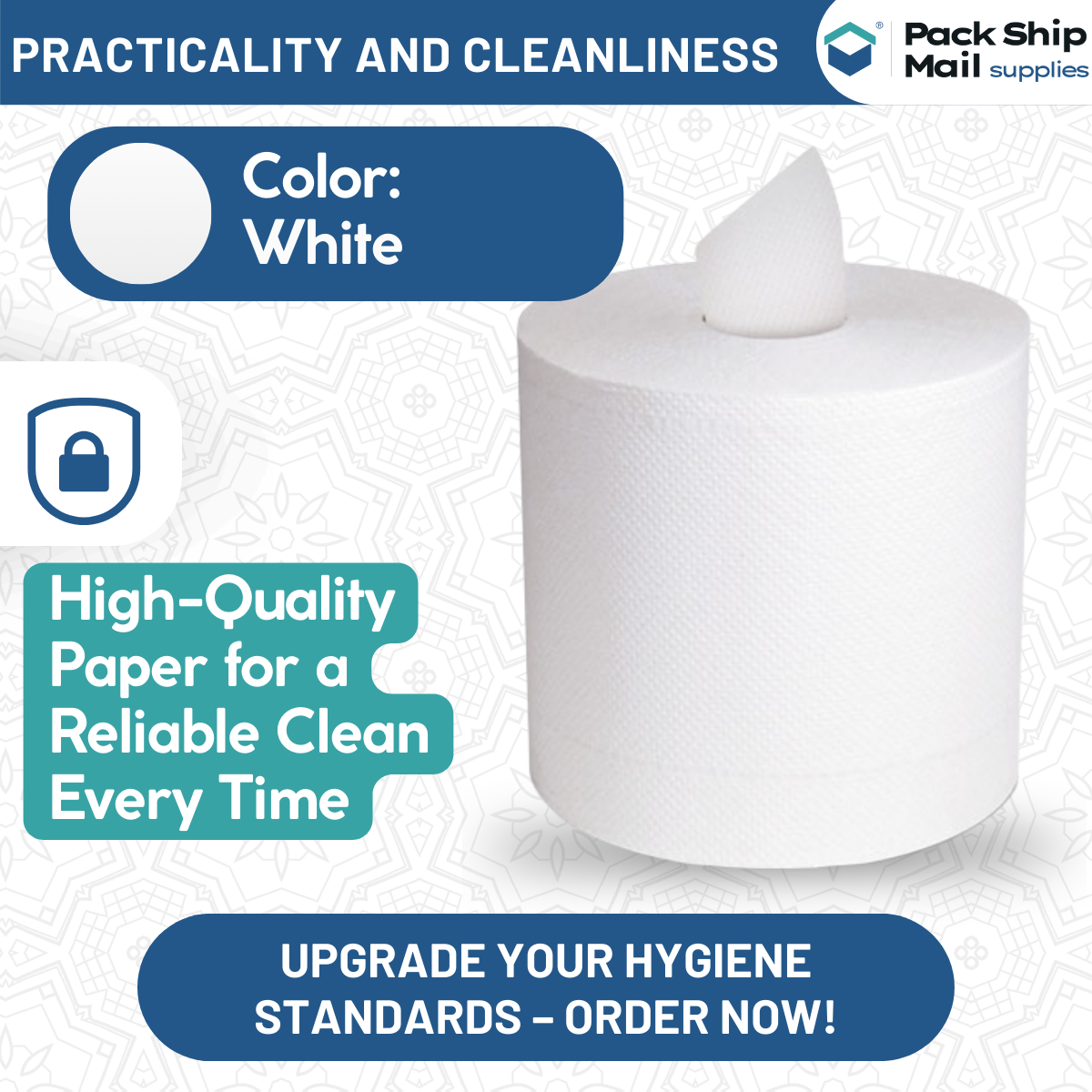 Six-roll case of center pull paper towel rolls.