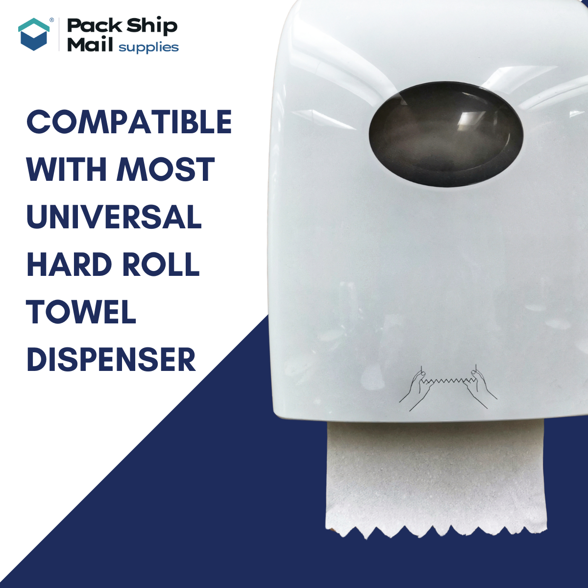 Six rolls of white hardwound paper towel, packaged together in a case.