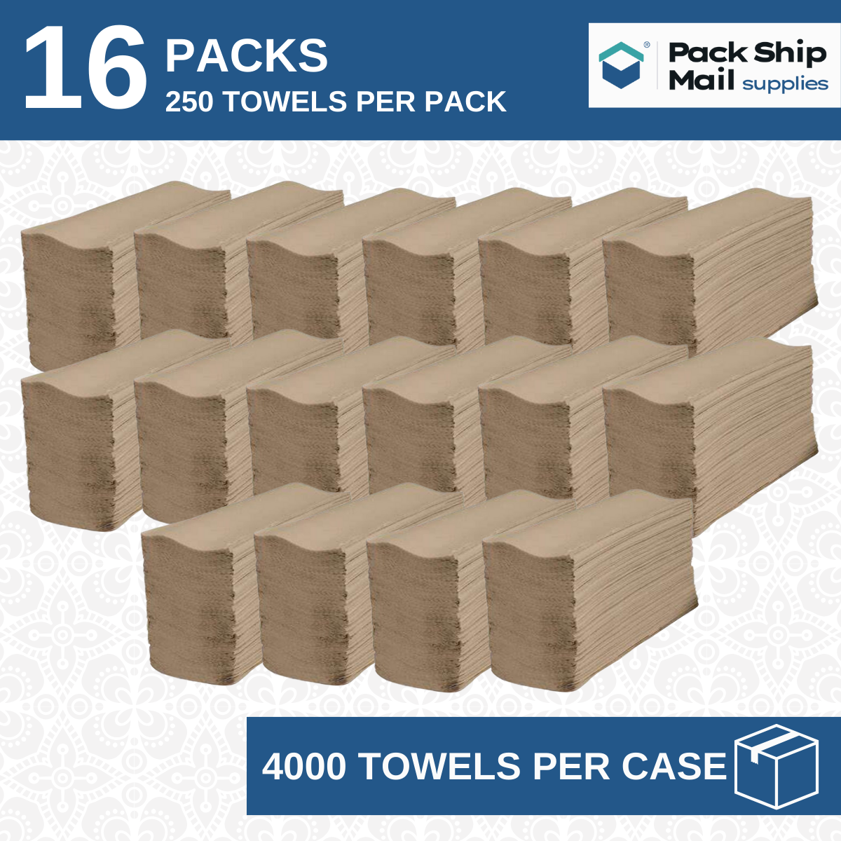 Kraft multifold paper towels, sold in a case of 16 packs.