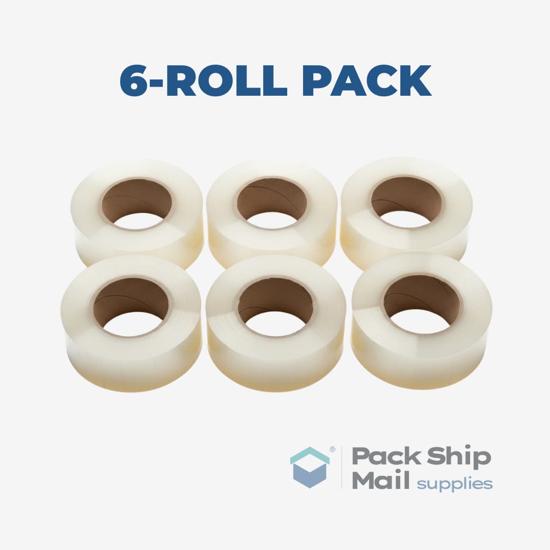 A neatly stacked pack of 6 rolls of clear heavy-duty carton sealing tape.