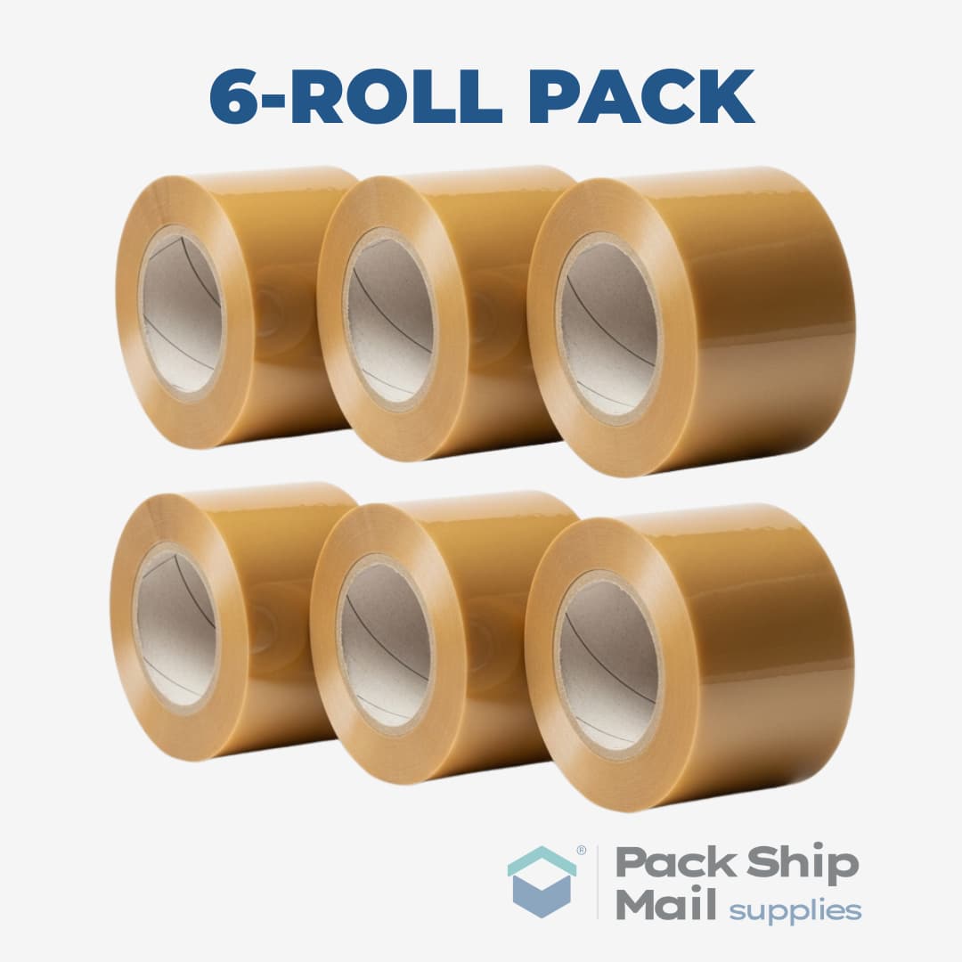 A neatly stacked pack of 6 rolls of tan heavy-duty carton sealing tape.