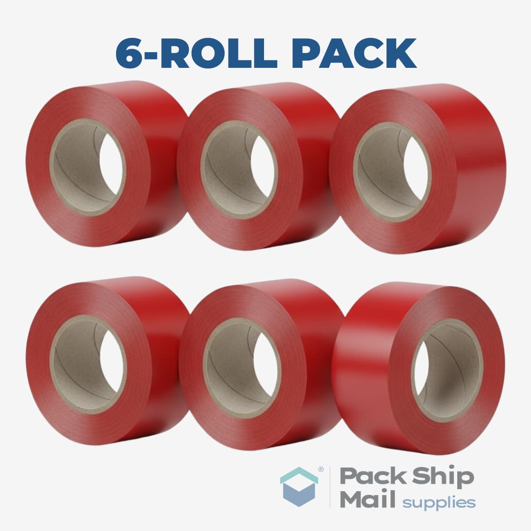 A neatly stacked pack of 6 rolls of red heavy-duty carton sealing tape.